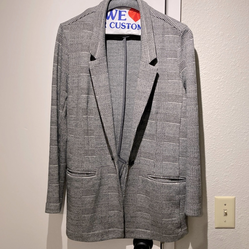 Plaid, one button blazer from Old Navy.